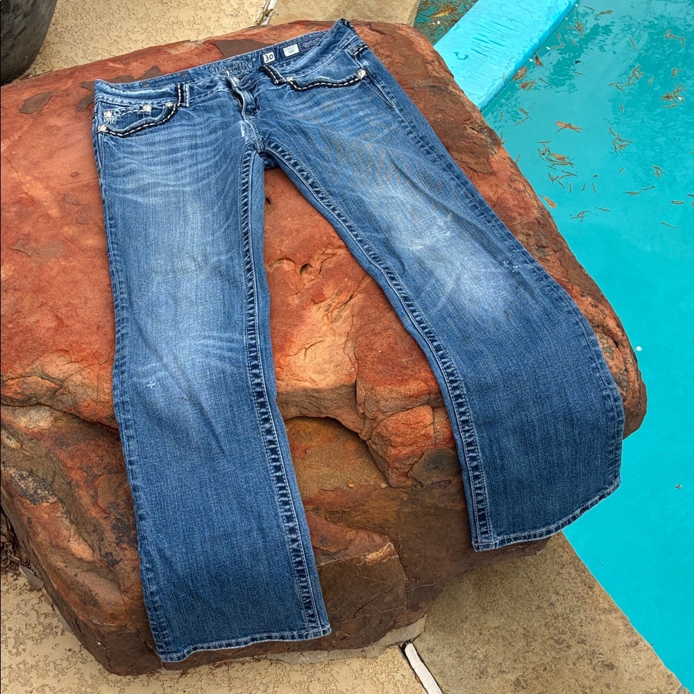 Miss Me Blue Flared Jeans with distressed detail W 30 L 32